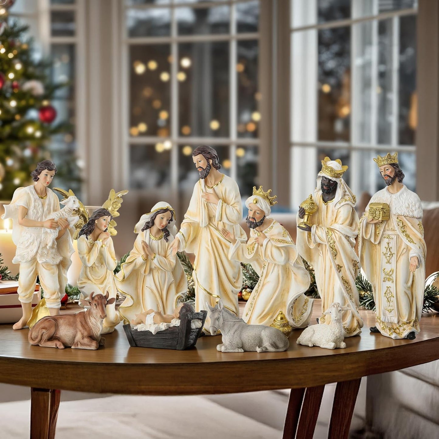 15in Large Nativity Set - 12-Piece Resin Ivory White Figures