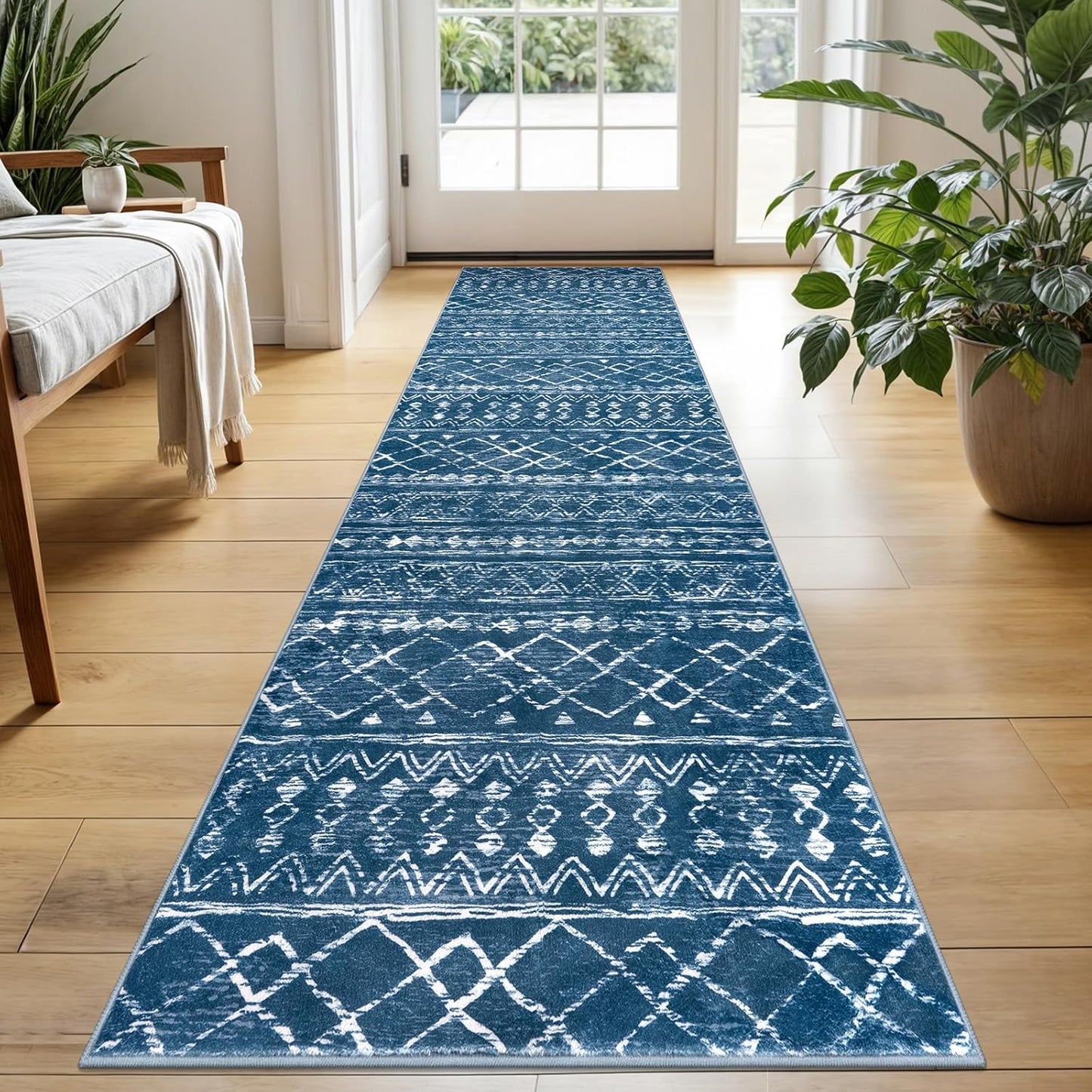 KUTA Moroccan Washable Hallway Runner Rug, Vintage Blue 2x6