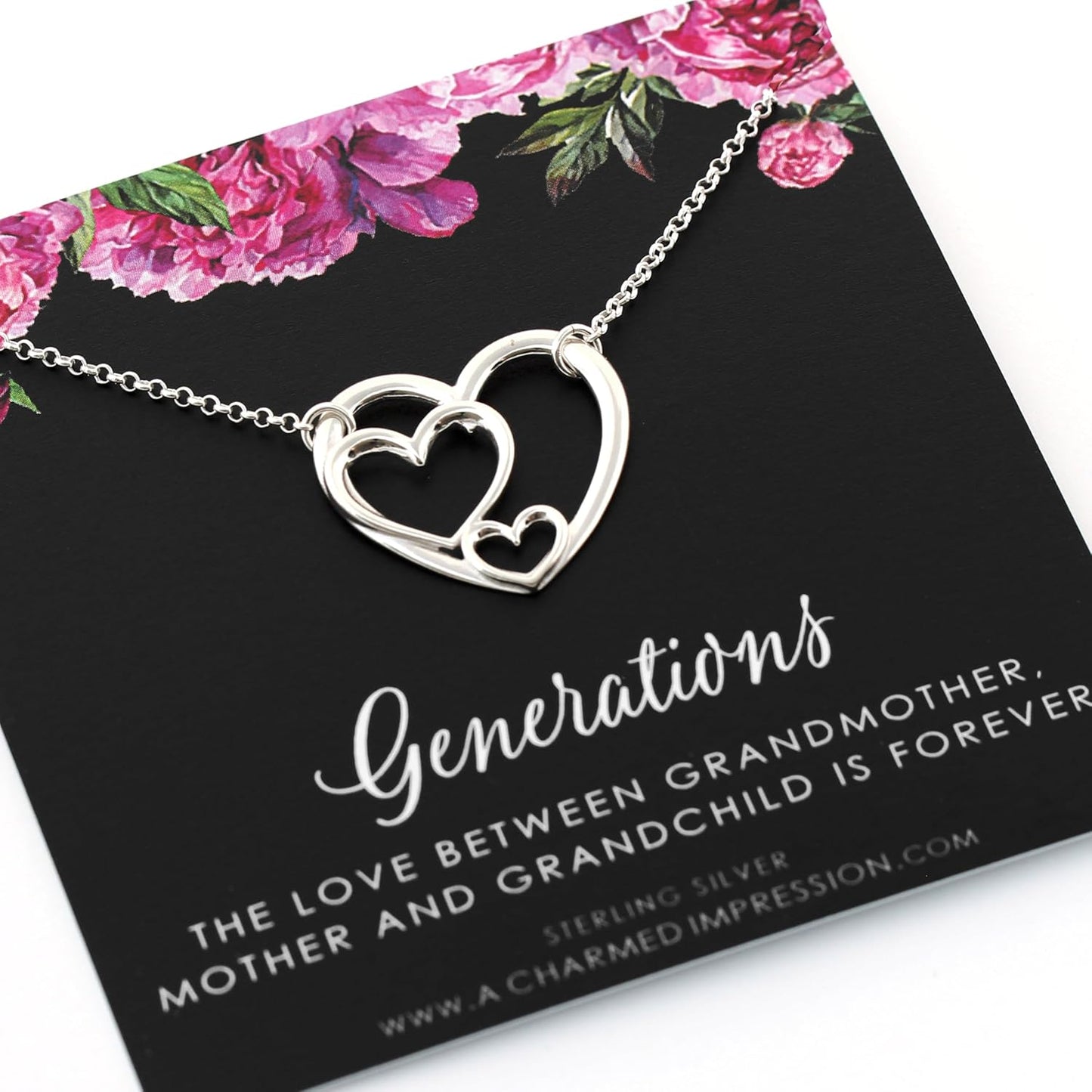 Sterling Silver Three Generations Heart Necklace for Family Love
