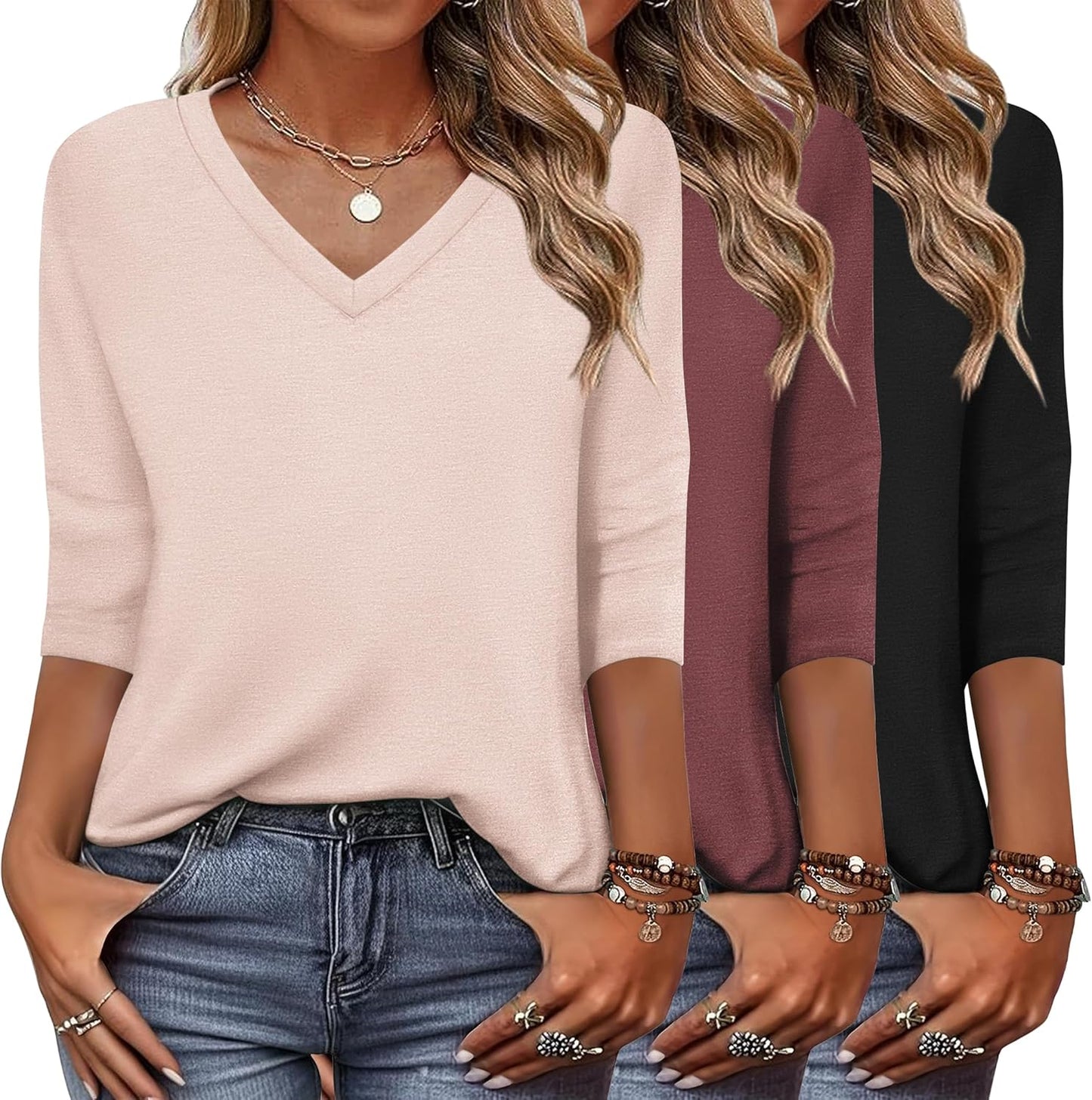 Zeagoo Women's 3 Pack V Neck 3/4 Sleeve Casual Tees for Fall