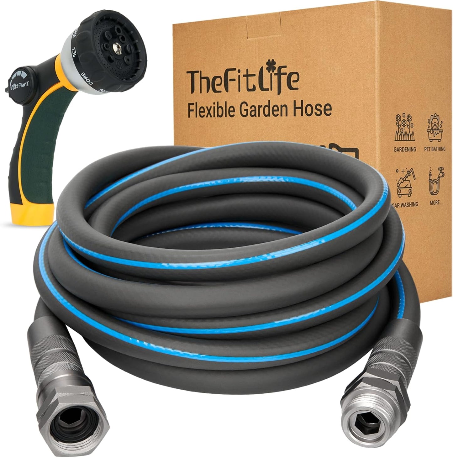 TheFitLife 75 FT Flexible Water Hose with Nozzle and Metal Fittings