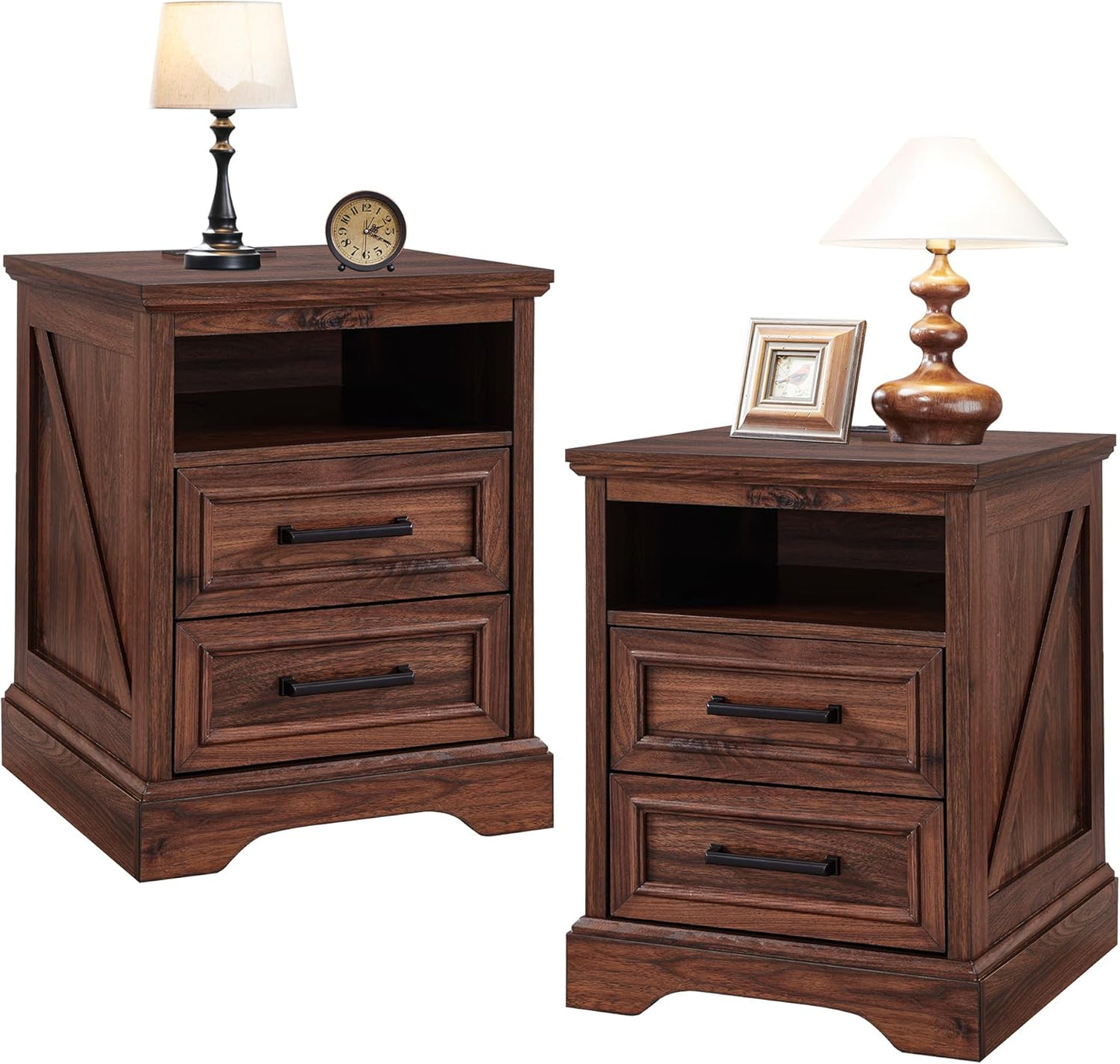 Farmhouse Nightstand Set of 2 with Charging Station and Drawers