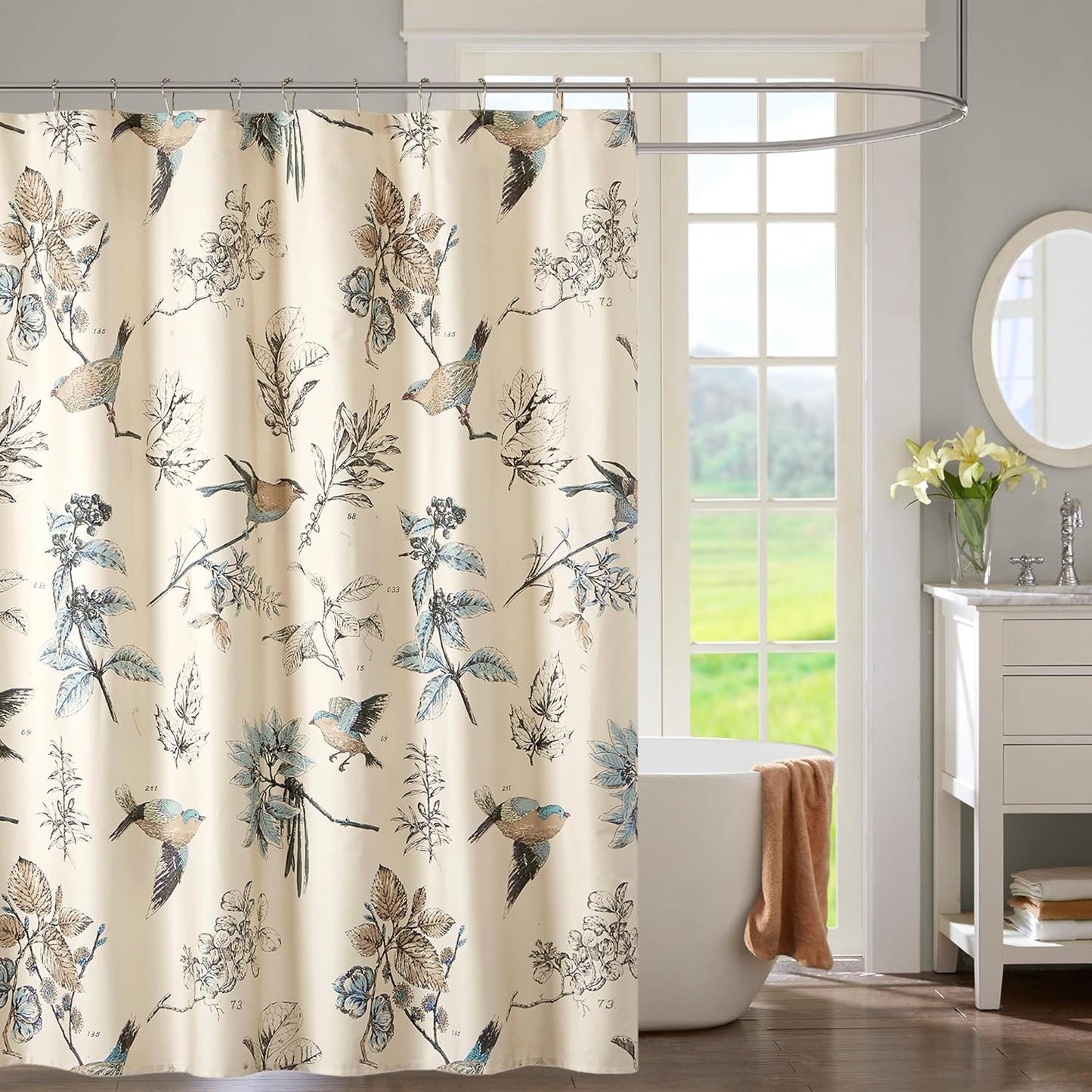 Farmhouse Bird Print Shower Curtain, Modern Country Decor, Machine Washable, Cotton, 72x72 Khaki