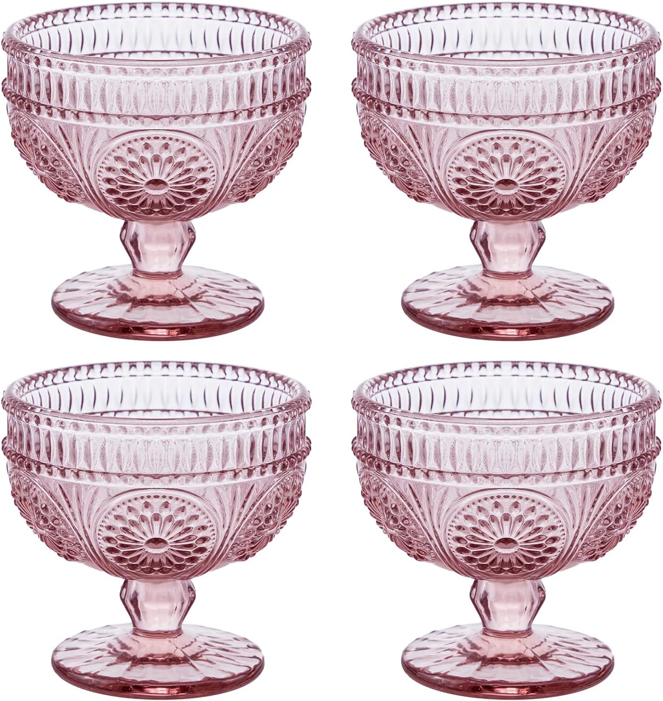 Vintage Sunflower Embossed Glass Footed Dessert Bowl Set of 4