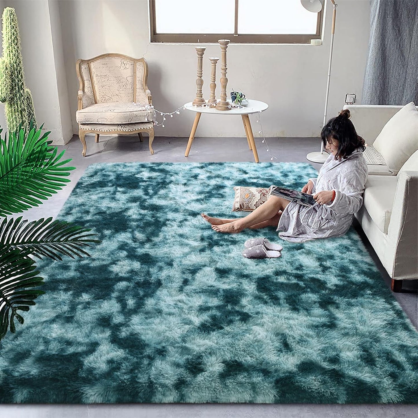 Fluffy Peacock Blue Rugs for Bedroom and Living Room Decor