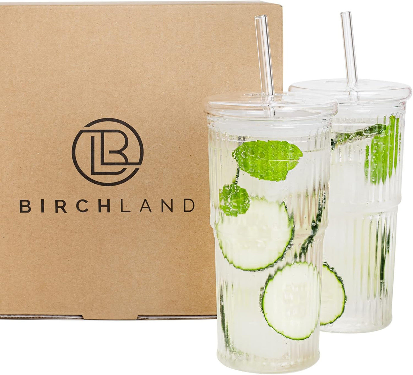 All Glass Iced Coffee Cup Set of 2 - Ribbed Tumbler 22 oz