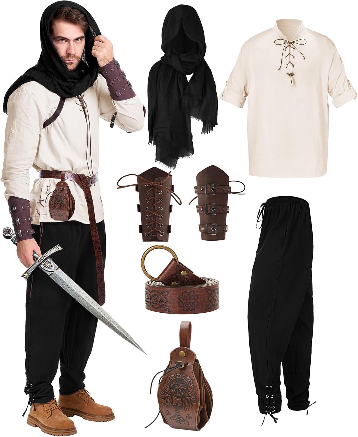 6 Pcs Men's Renaissance Viking Costume for Halloween Fun