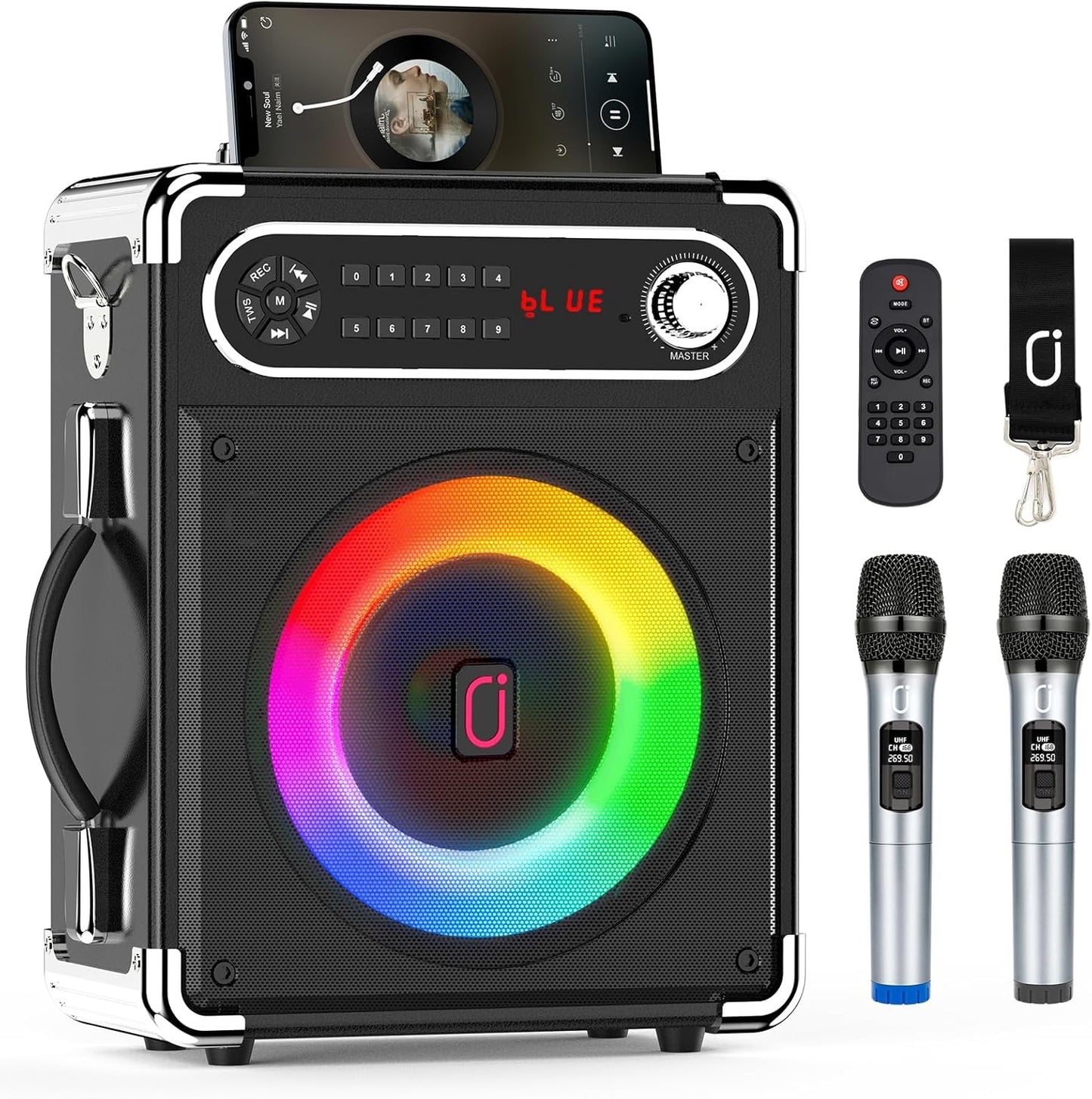 Portable Bluetooth Speaker: Dual Wireless Mics, Subwoofer, Disco Lights