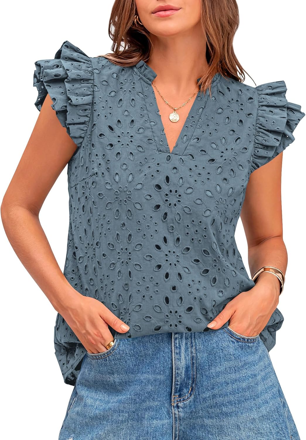 BTFBM Women Summer Eyelet Tops for Dressy Casual Outfits