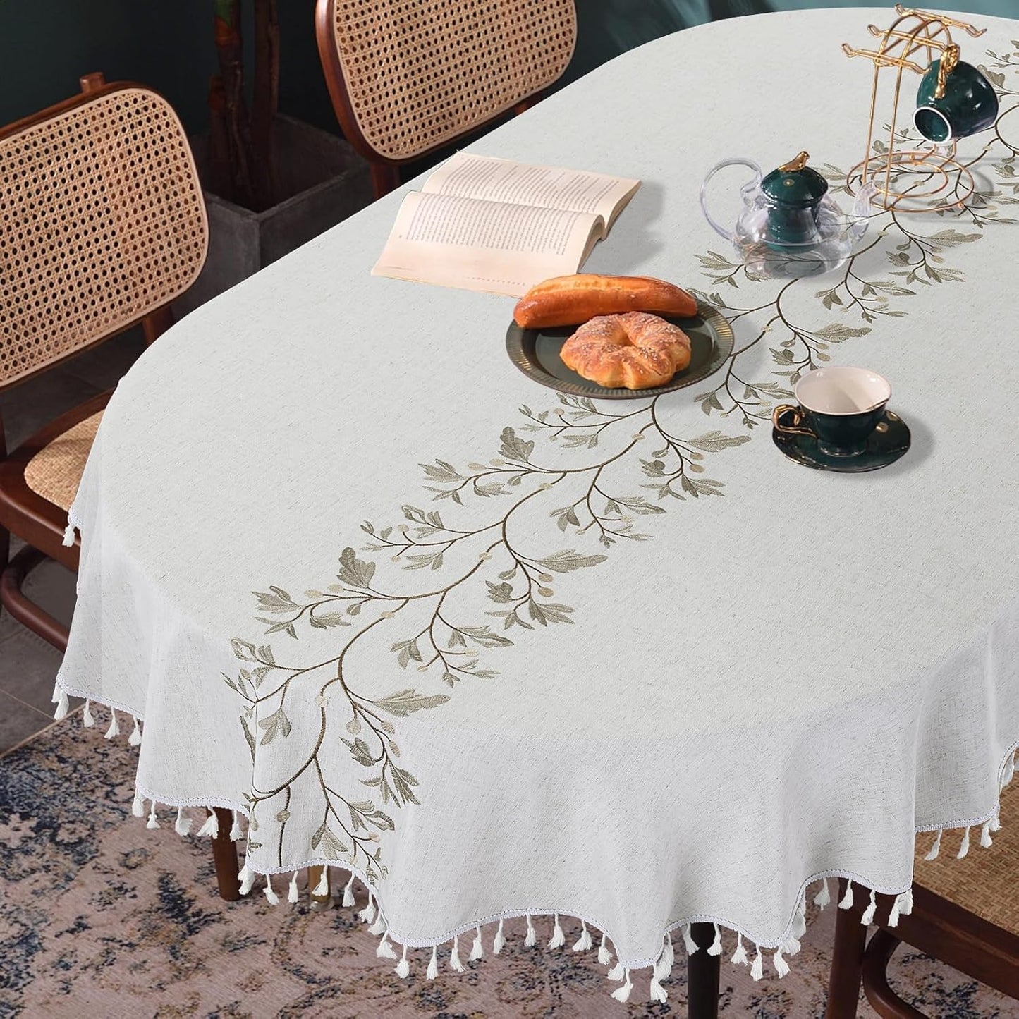 HOMBYS Solid Embroidery Oval Tablecloth for Elegant Dining