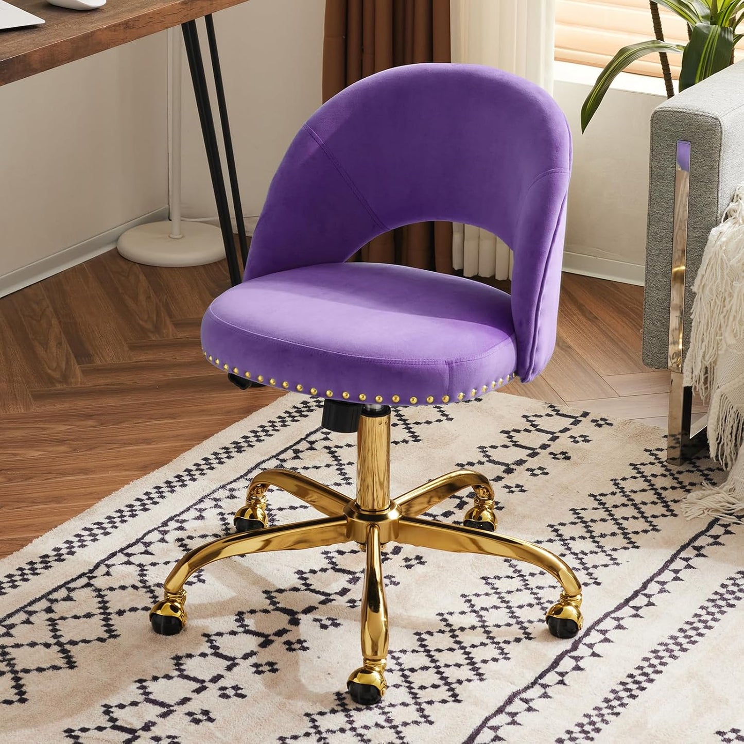 VINGLI Modern Velvet Small Office Chair with Gold Base and Wheels