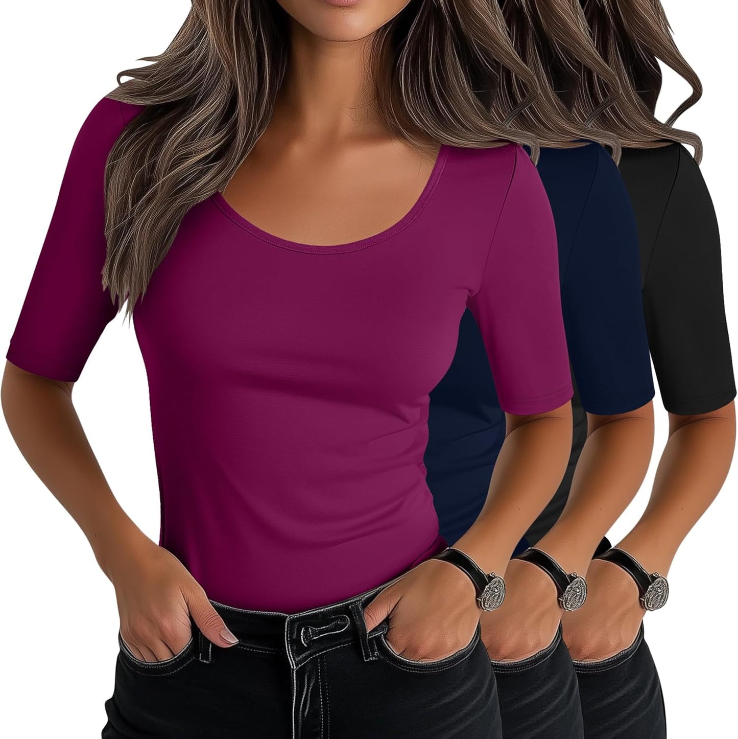 Neer Women's Scoop Neck Stretchy Tops for Casual Summer Wear