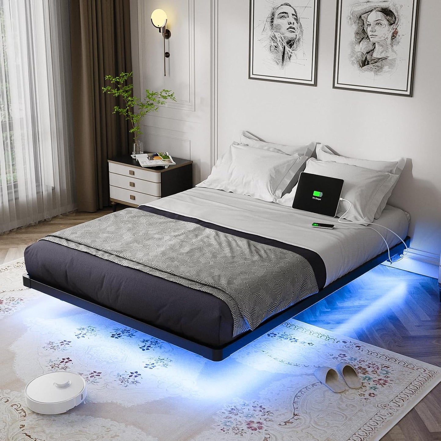 OLEVS Floating Bed Frame Full Size with LED Lights & Charging