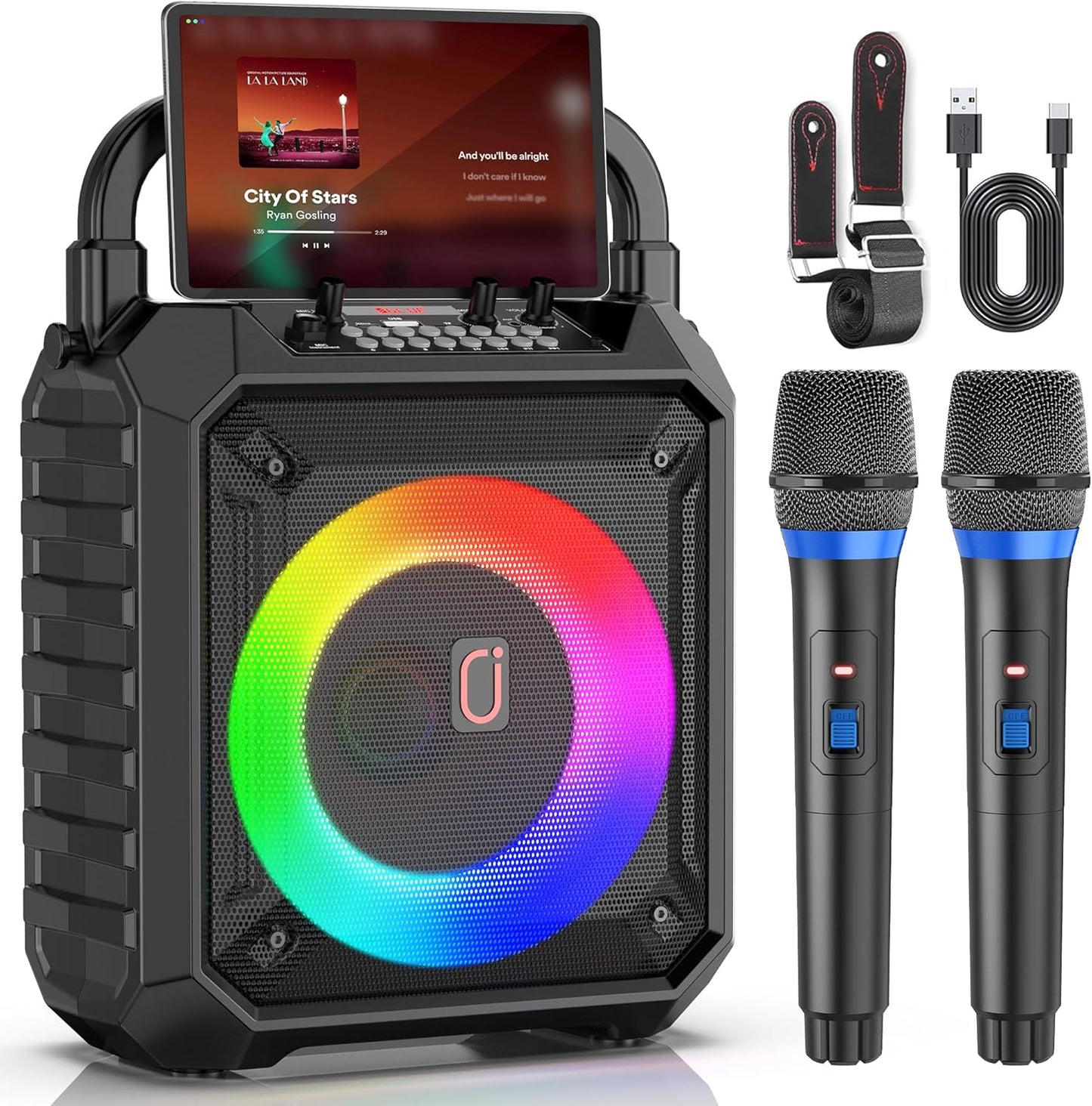 Portable Bluetooth Karaoke Speaker with Microphones & DJ Lights