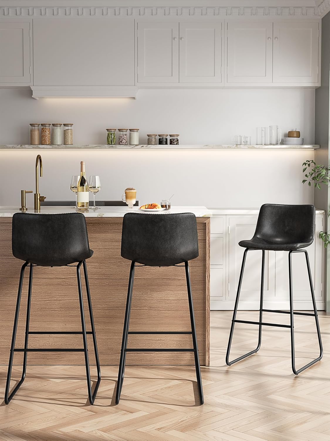Bar Stools Set of 3 for Kitchen Island - Modern Faux Leather