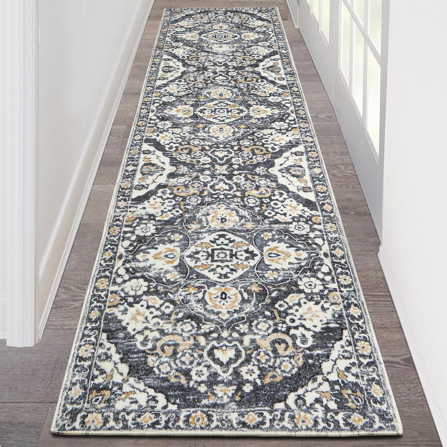 HEBE Hallway Runner Rug 2ftx8ft Vintage Distressed Non Slip