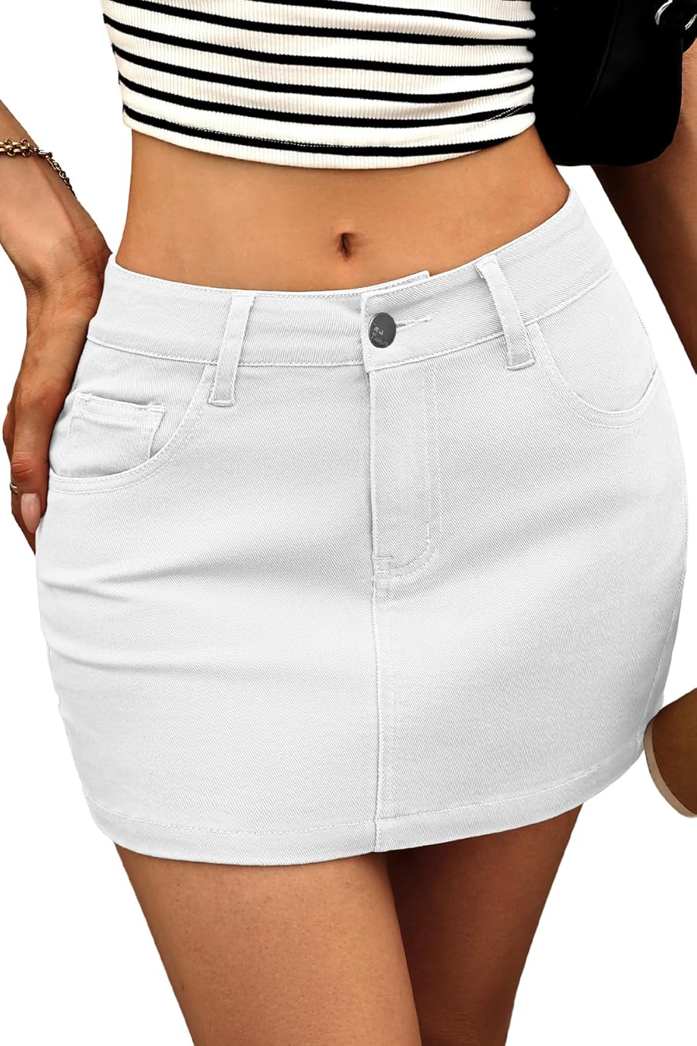 ELLEVEN Stretchy Mini Jean Skirt for Women with Pockets