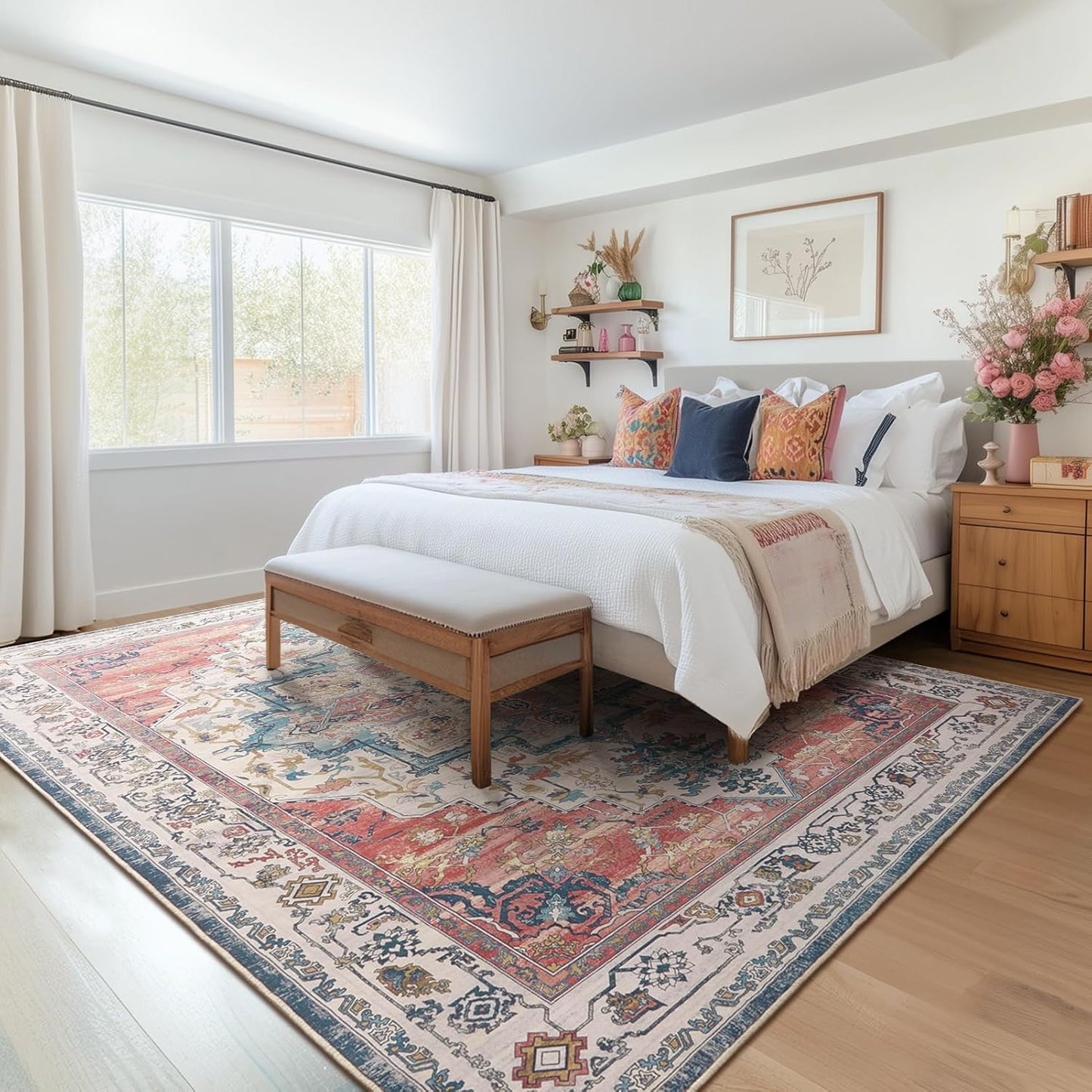 Boho Rugs for Bedroom Girls Playroom, Distressed Medallion