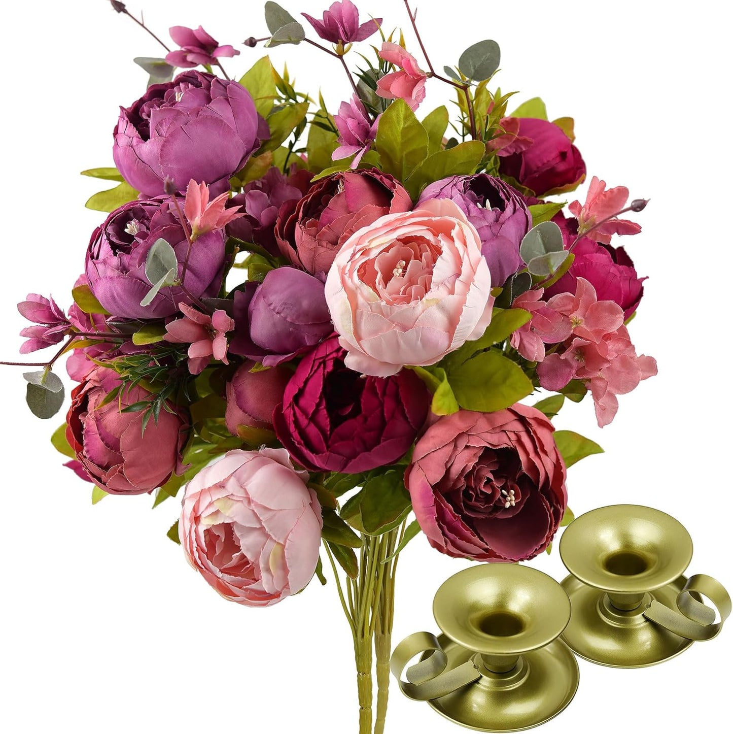 Mystic Blush Silk Peony & Hydrangea Bouquet with Candle Holders