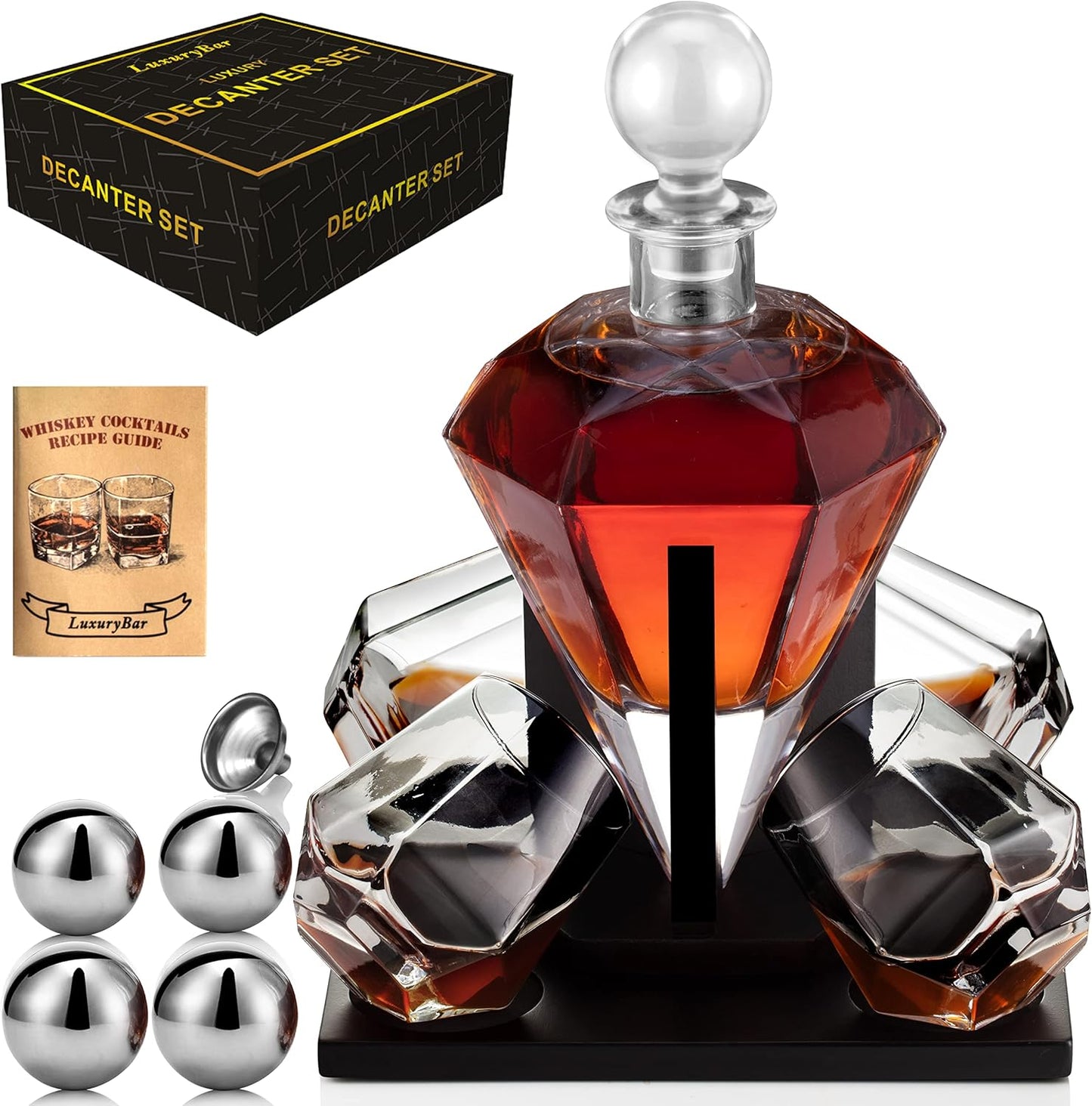 Diamond Whiskey Decanter Set with ChillBall & Tray for Men