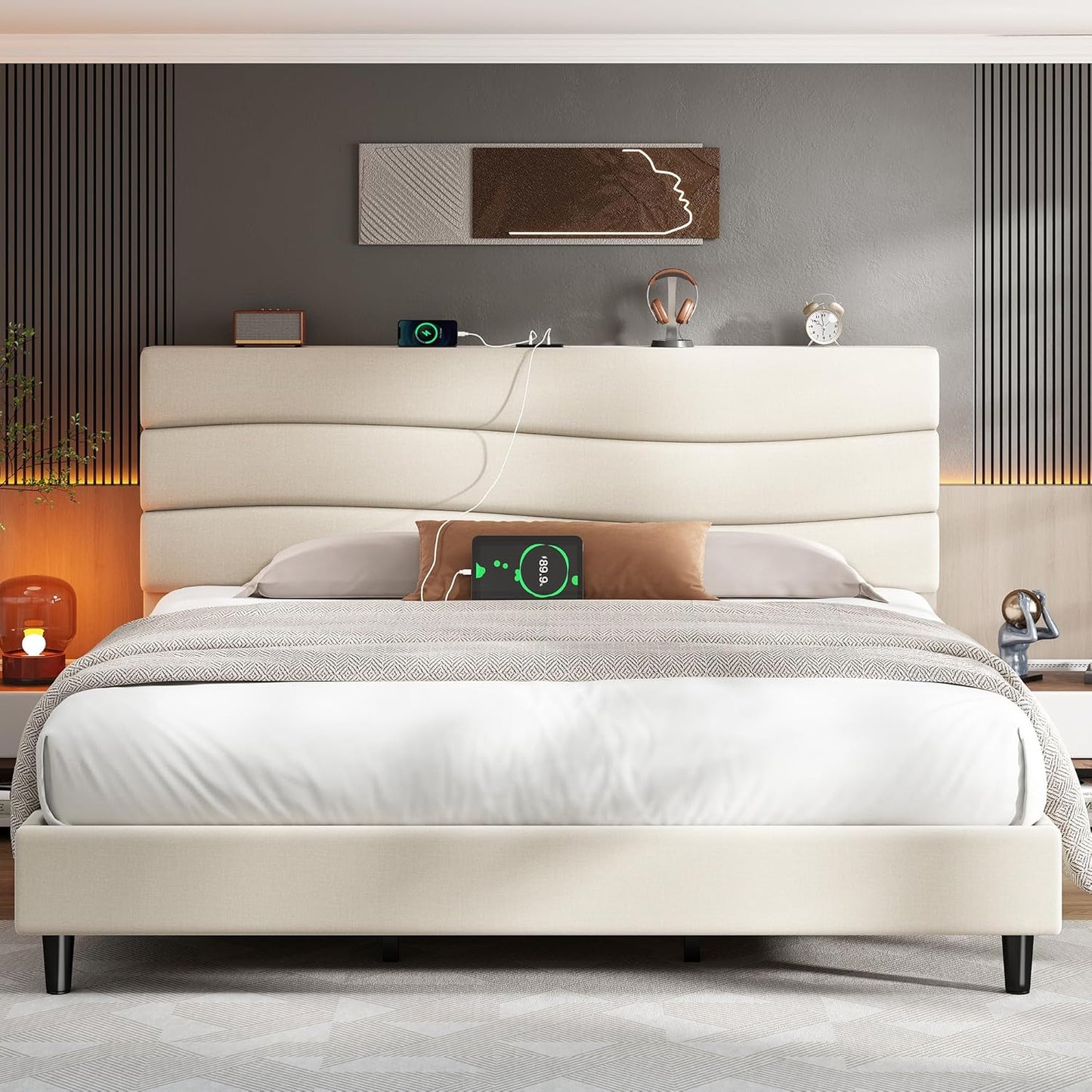 EnHomee King Size Bed Frame with Storage and Charging Ports