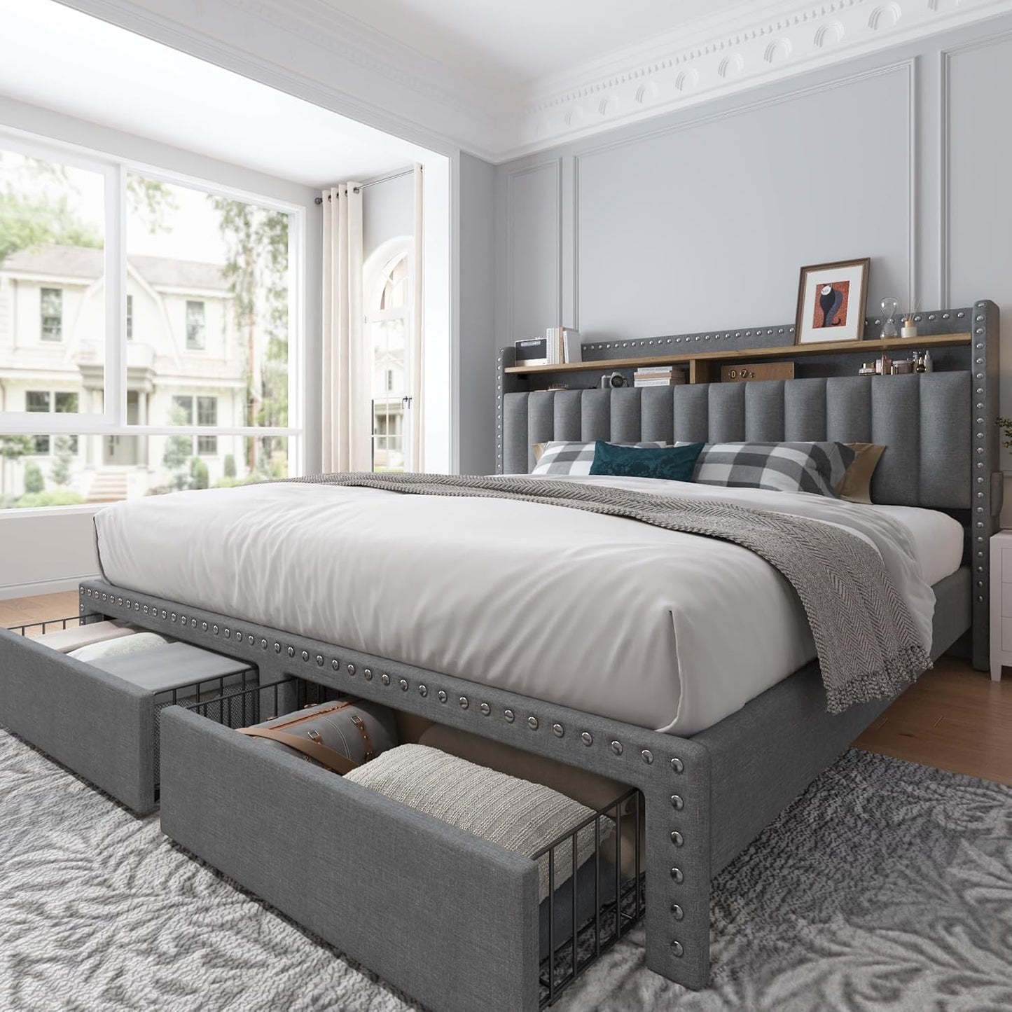 EnHomee Queen Size Bed Frame with Storage Drawers and Headboard