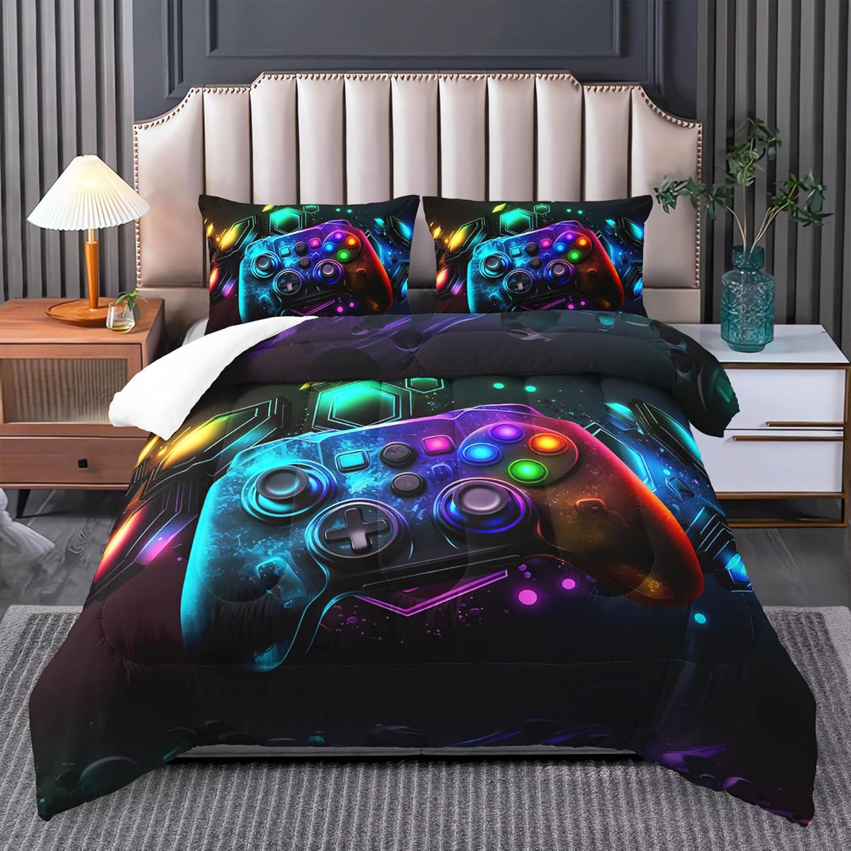 Gamer Comforter Set for King Size Boys, Neon Gaming Bedding
