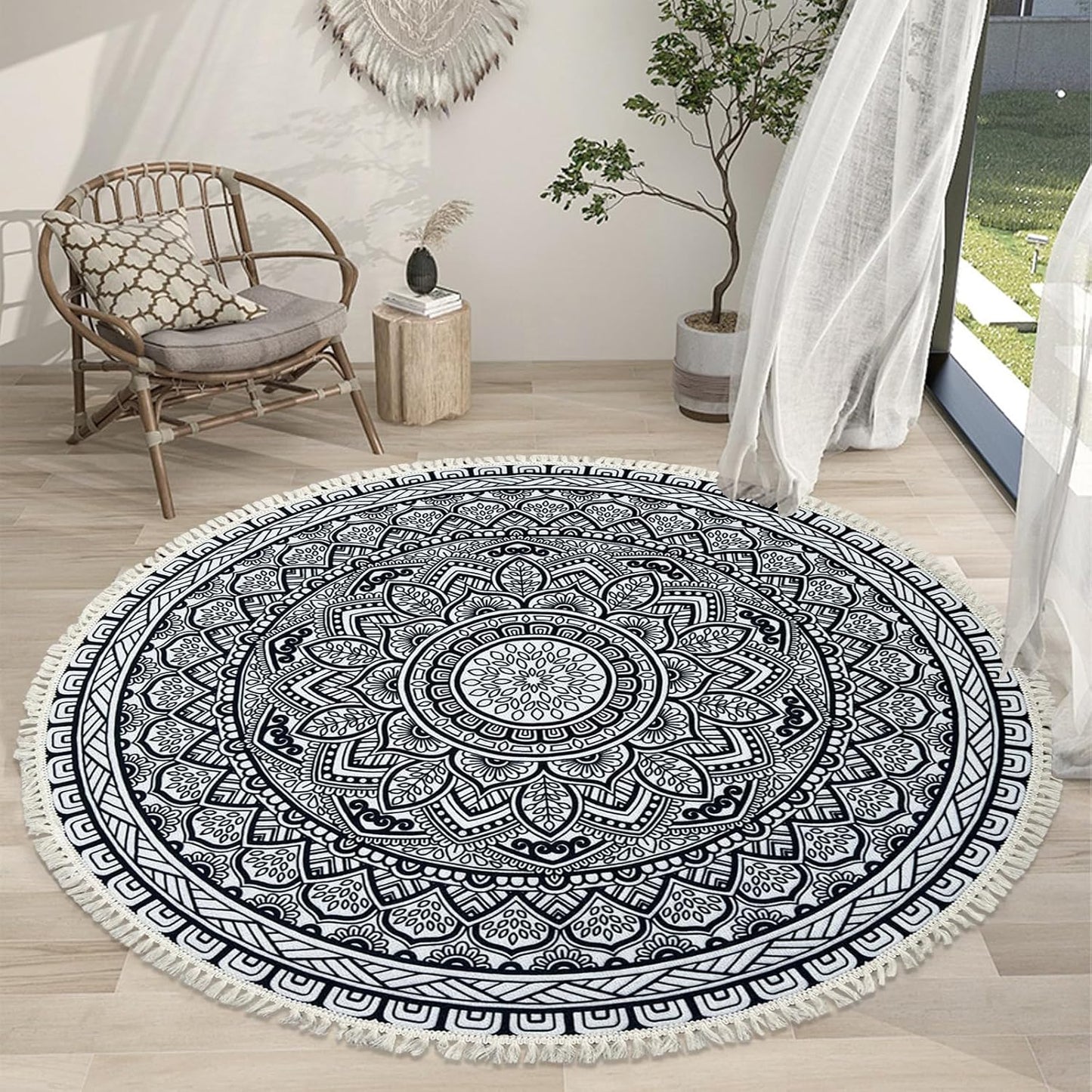 5Ft Boho Floral Round Rug by Lacomfy