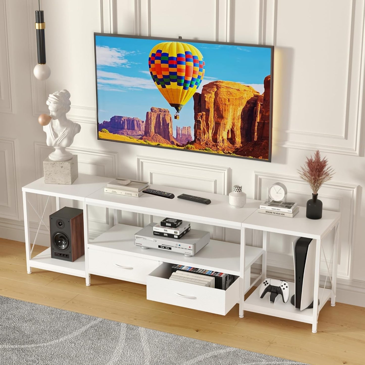 55.1 White TV Stand with Fabric Drawers - Stylish Storage Solution!