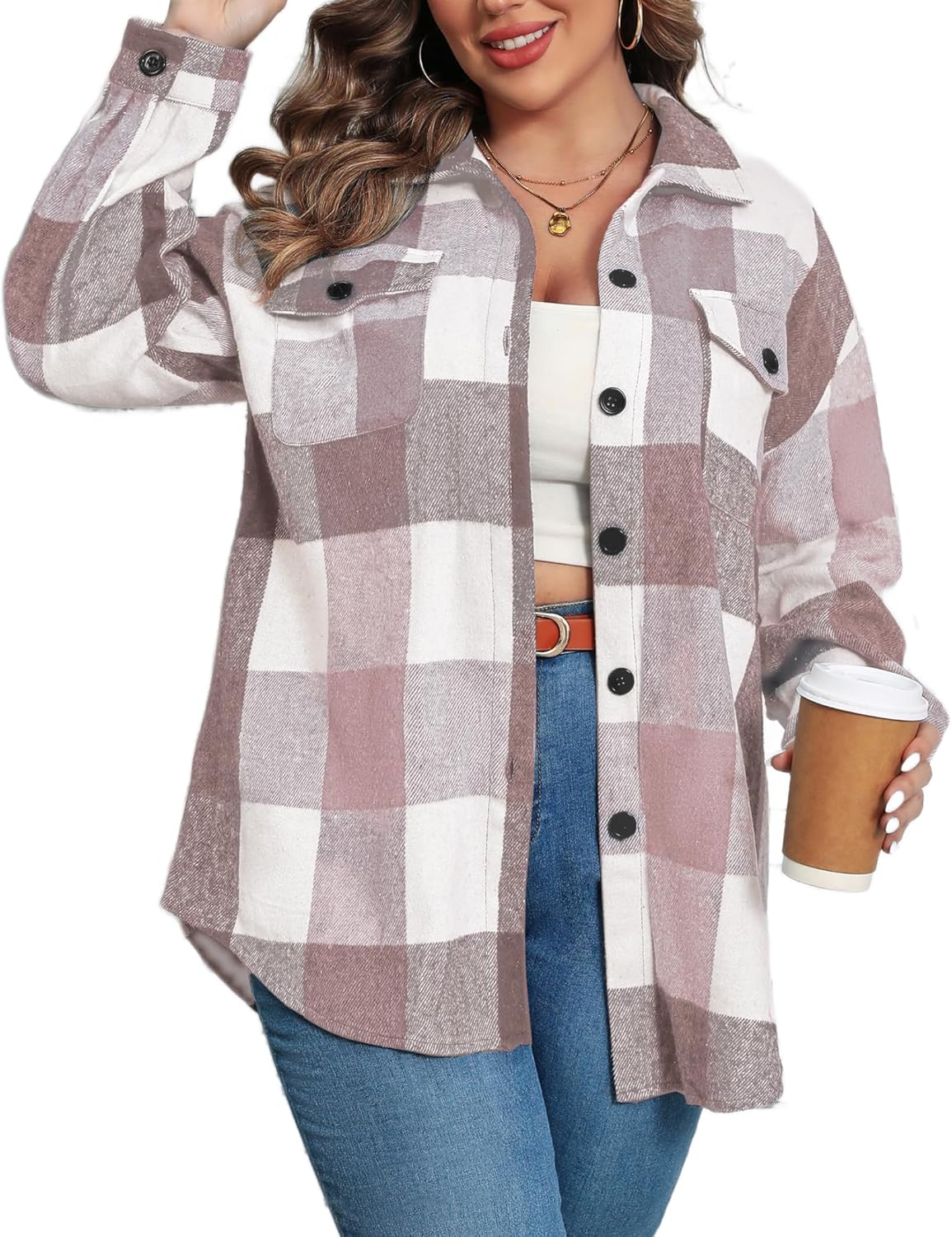 Plus Size Flannel Plaid Shacket for Women - Stylish and Versatile