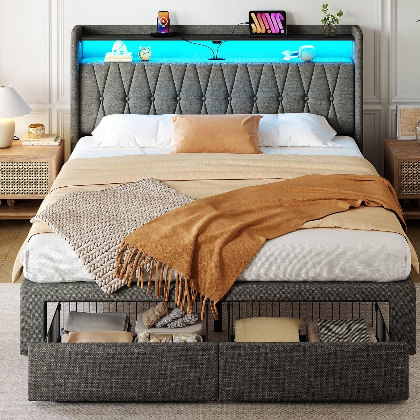 Rolanstar Full Bed Frame with Drawers and LED Lights for Comfort