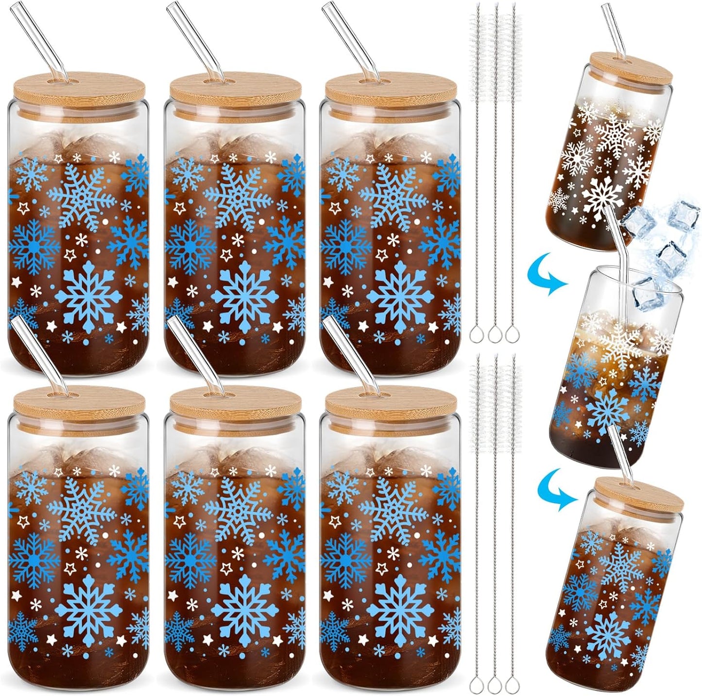 6 Pack Winter Glass Cups with Color Changing Designs for Holidays
