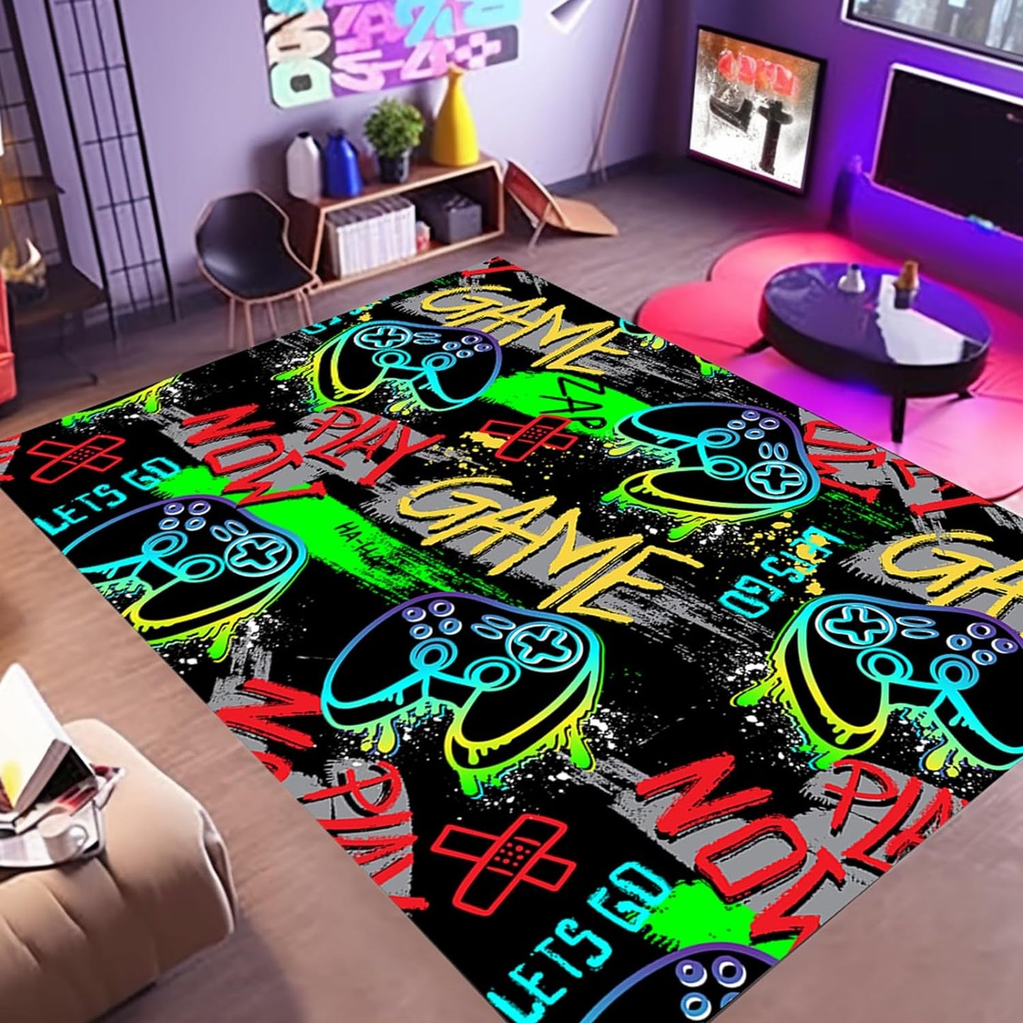 Non-Slip Gamer Rug: Cool Graffiti Design, 3'x5'