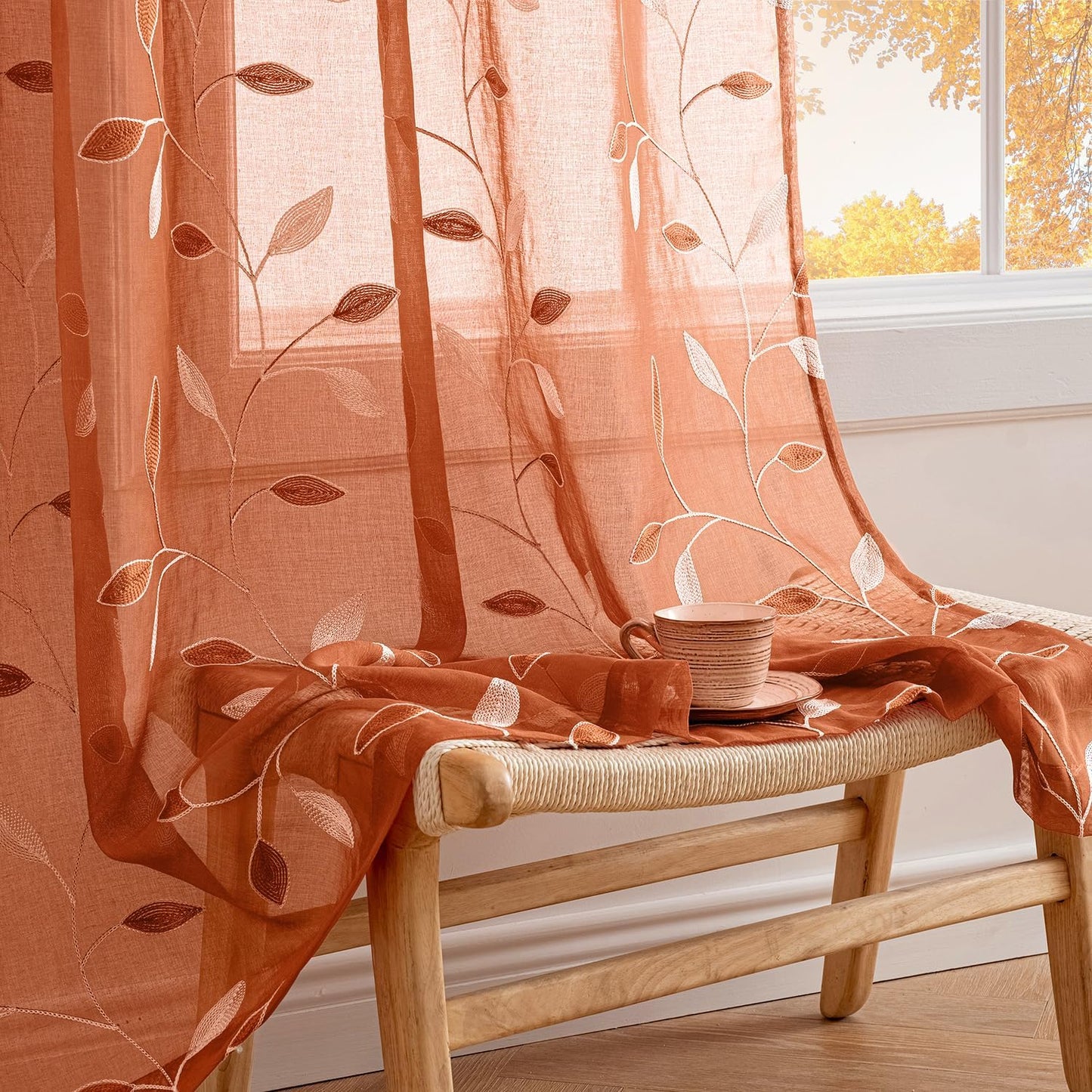 MIULEE Burnt Orange Sheer Curtains with Leaf Pattern for Home