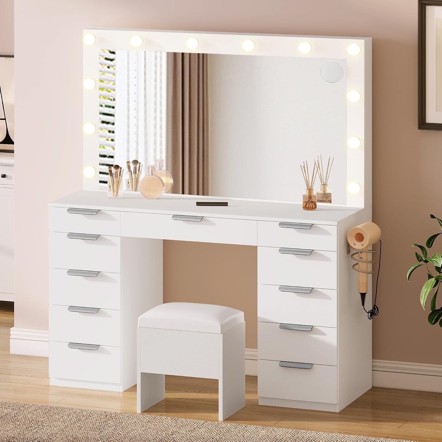 DWVO Makeup Vanity with LED Mirror and 11 Drawers for Glam