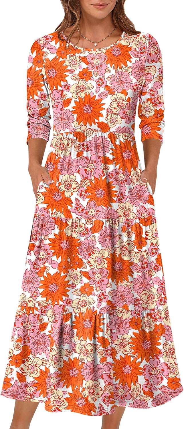 Stylish 3/4 Sleeve Casual Maxi Floral Dress for Women