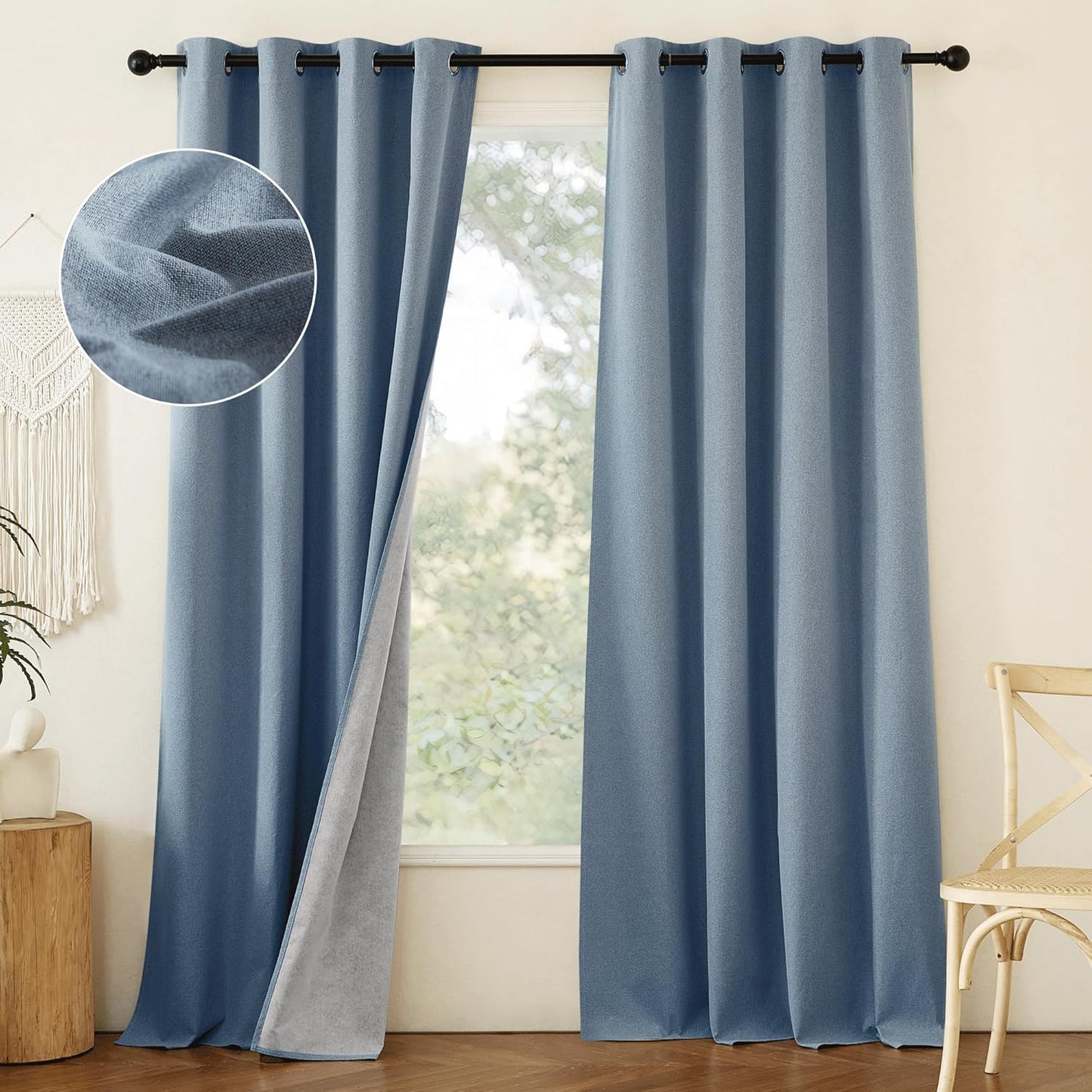 NICETOWN Stone Blue Full Shade Faux Linen Curtain Panels 95 in