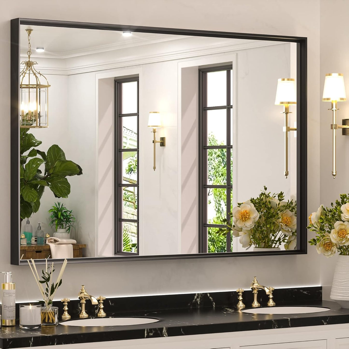 Keonjinn Black Framed Mirror for Bathroom - Modern Design