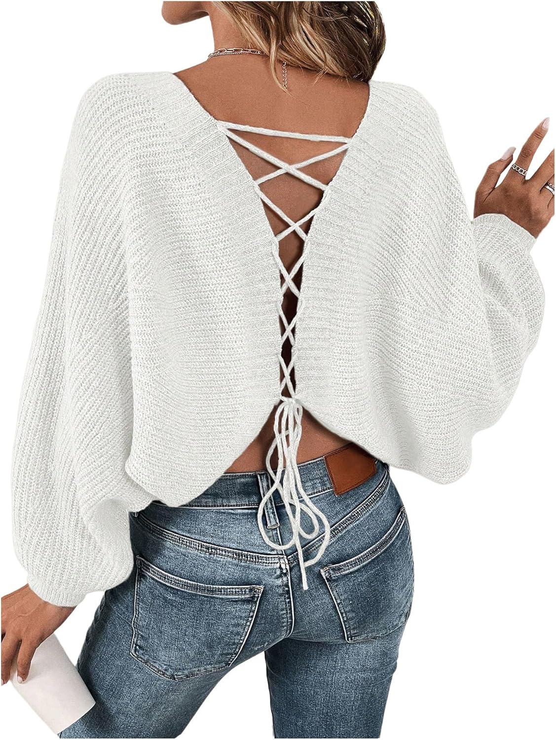Women's Off Shoulder Lace Up Open Back Sweaters for Fall