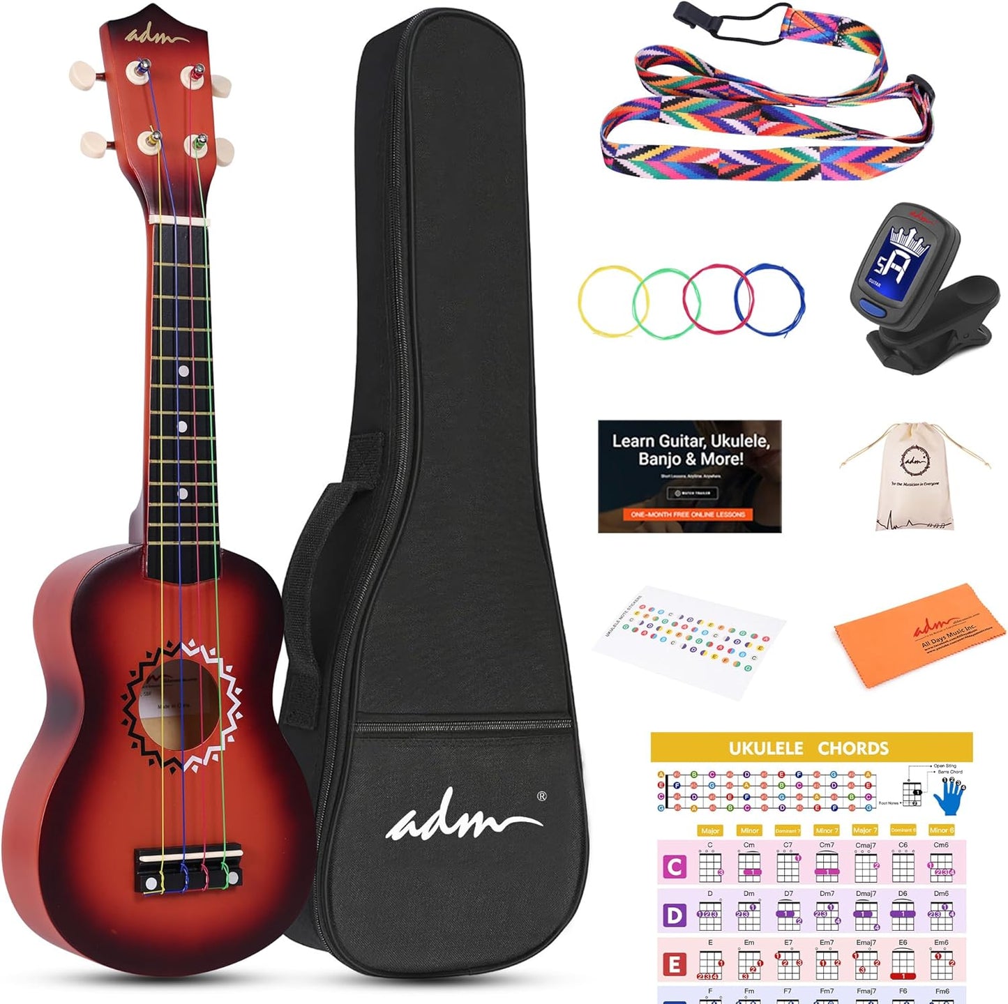 ADM Ukulele for Beginners - 21 Inch Hawaiian Wood Kit Bundle