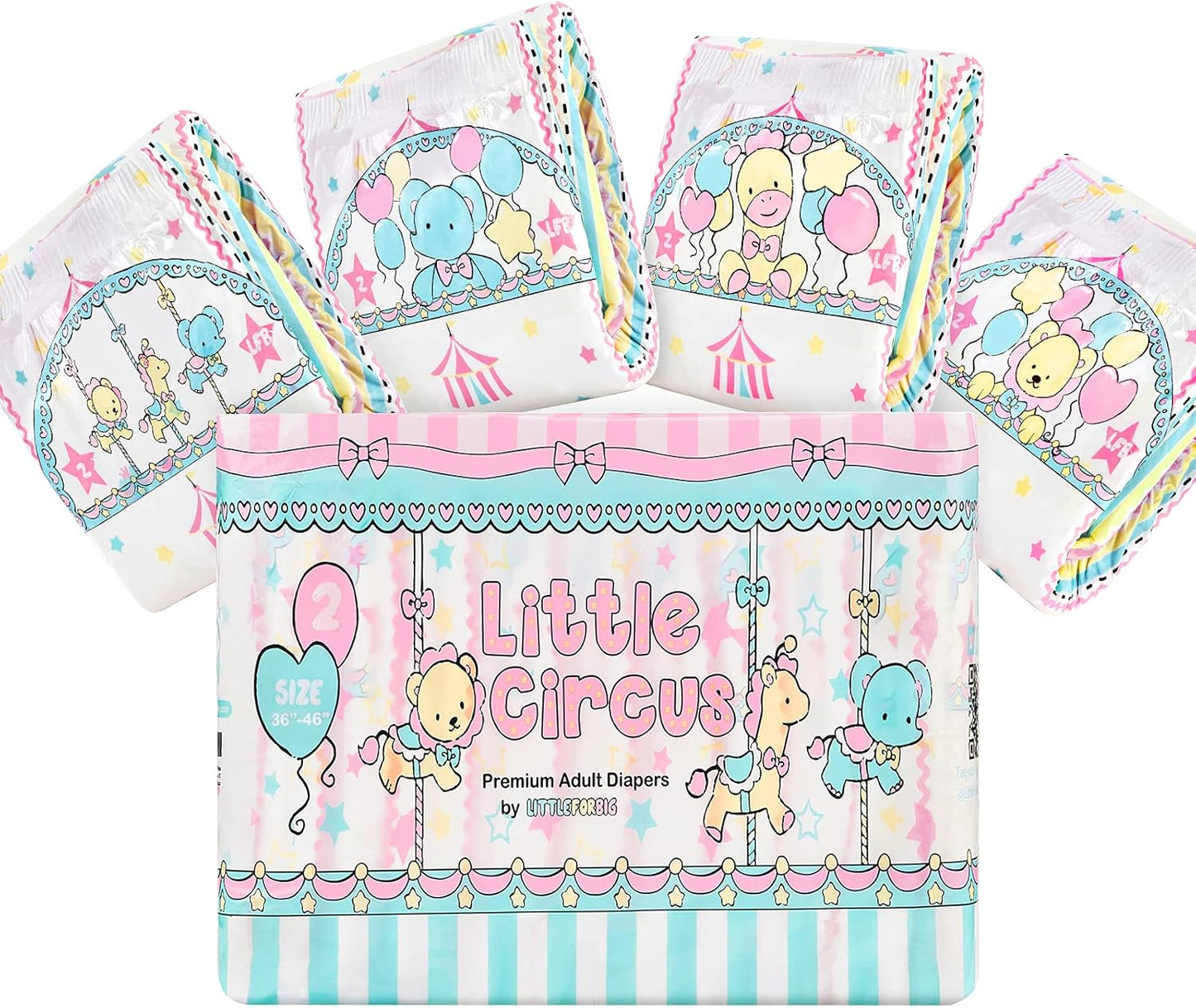 Littleforbig Adult Printed Diaper 10 Pieces - Little Circus (Large 36-46) - Comfort & Style Combo