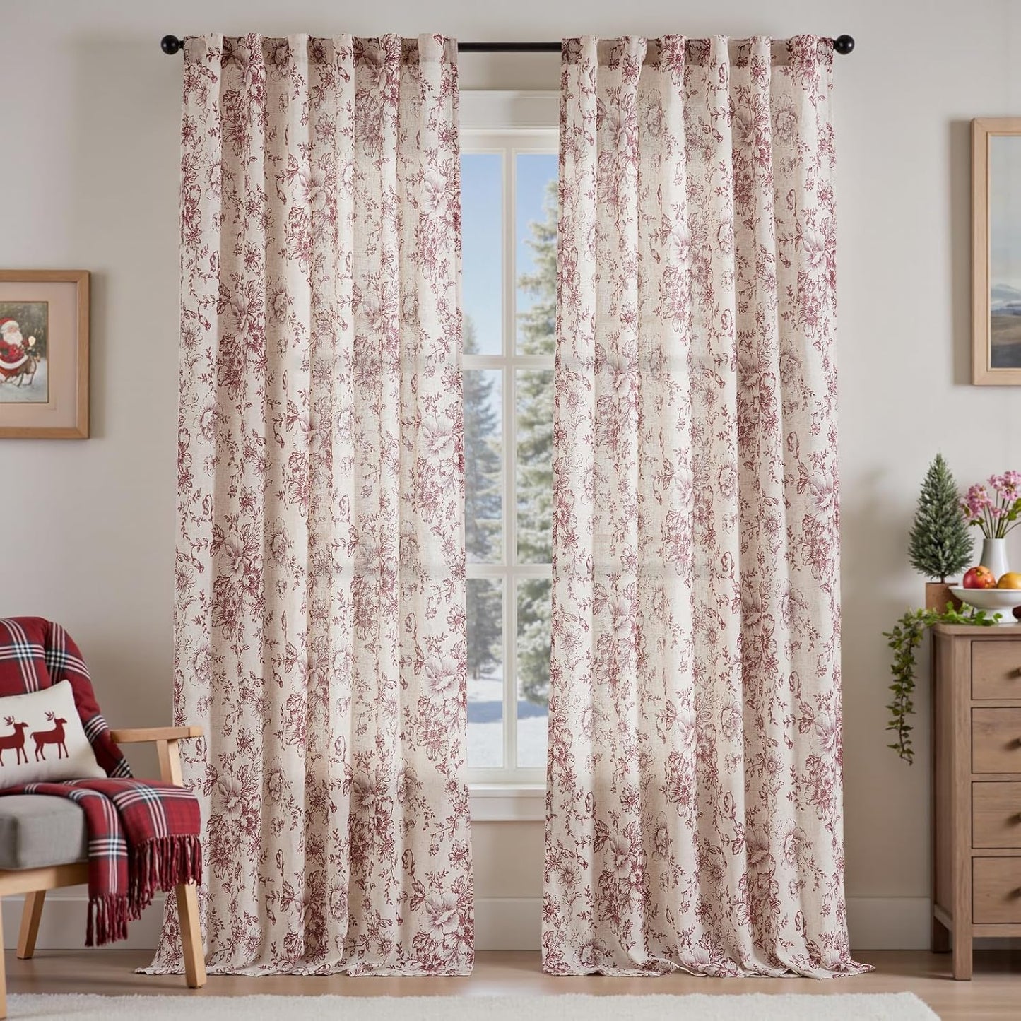 Floral Linen Blend Curtains for Living Room 96 Inch Length