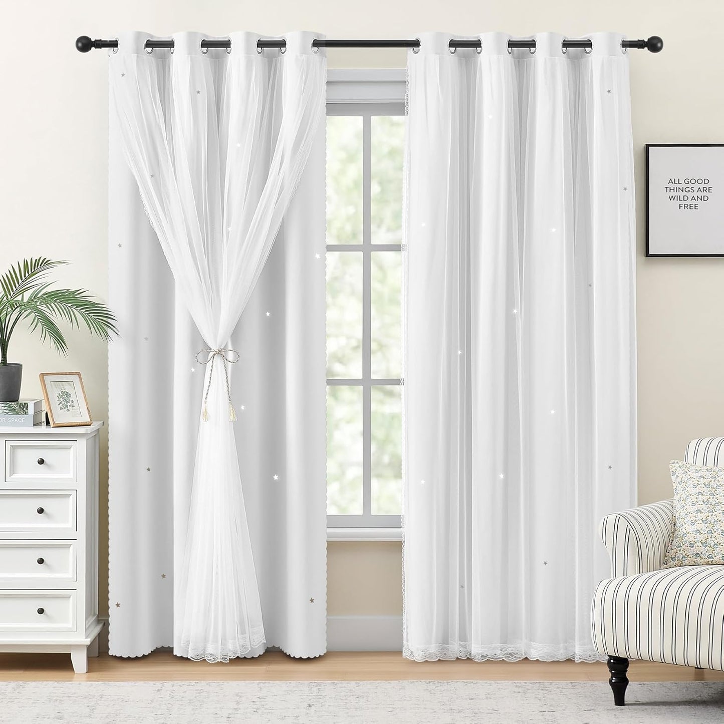 XiDi White Curtains for Girls Bedroom with Star Cut-Out Design