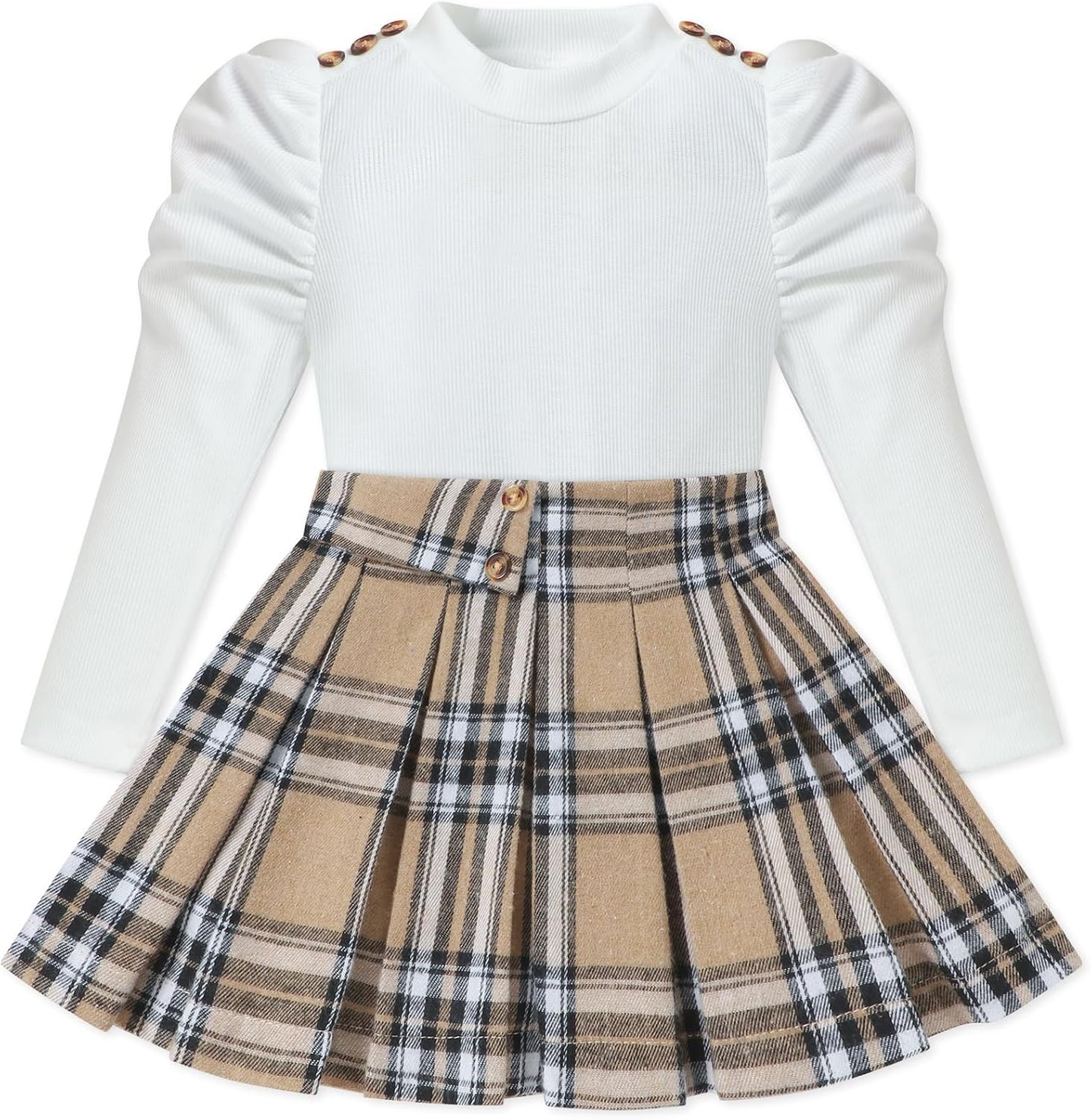 Toddler Girl Clothes Puff Sleeve Top and Pleated Skirt Set