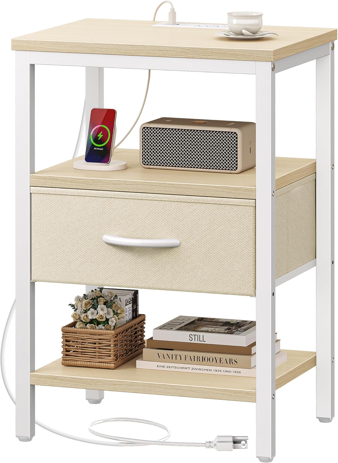 Nightstand with Charging Station and Adjustable Fabric Drawer