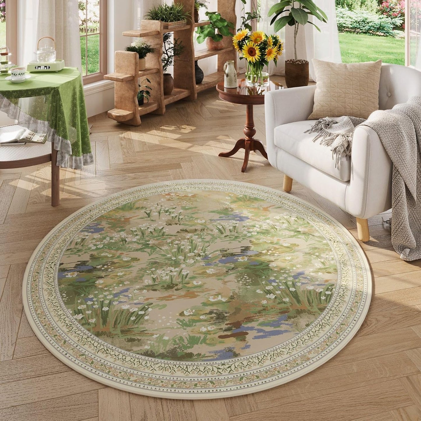 Impressionist-Style Vintage Round Rug for Bedroom and Office