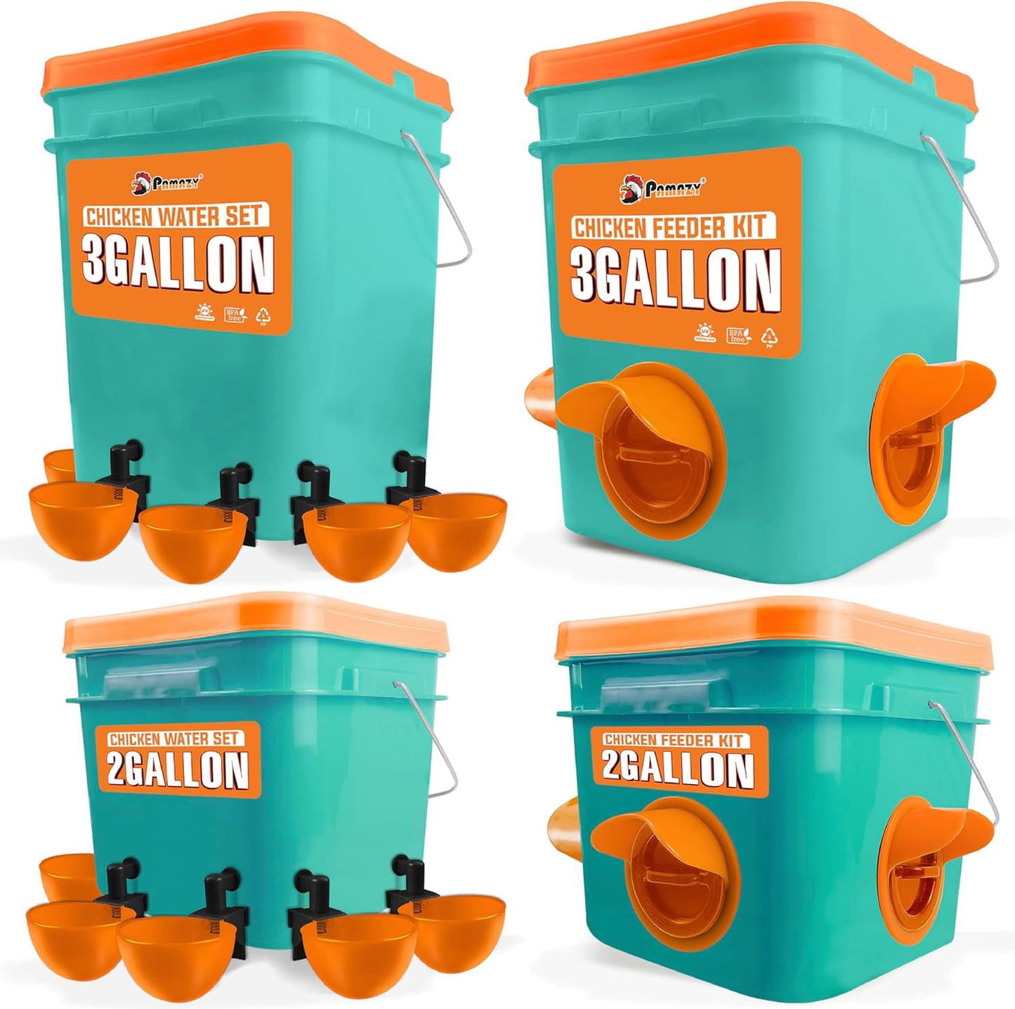 PAMAZY Automatic Chicken Feeder/Waterer Set - No Waste, Rain Proof, Animal-Proof!