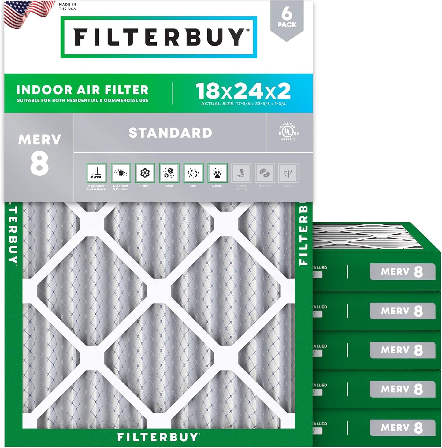Filterbuy 18x24x2 Air Filter MERV 8 for Dust & Allergy Defense