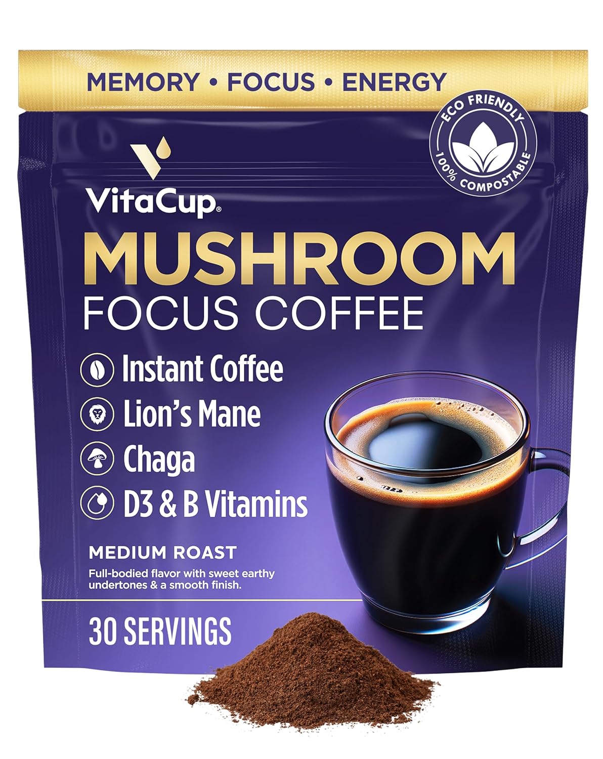 VitaCup Focus Instant Coffee | Memory Boost | Mushroom Blend | 30 Servings
