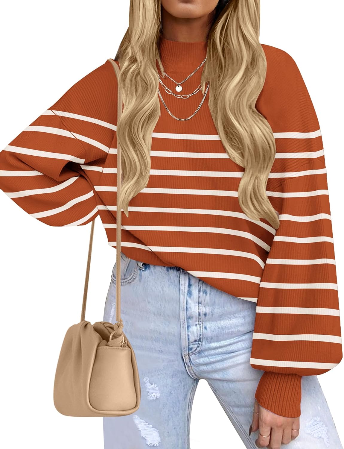Stylish Turtleneck Long Sleeve Striped Pullover Sweater Tops